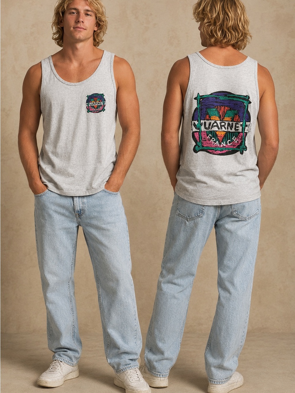 Vintage Vuarnet France Men’s XL Gray Graphic Tank Top 100% Cotton Made in USA